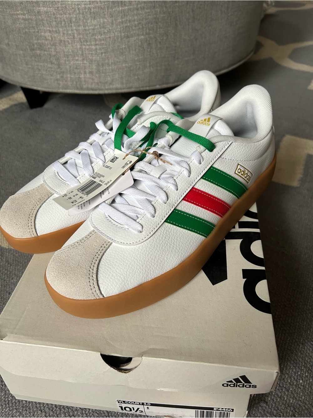 adidas White Sneakers with Green & Red Stripes and Gum Sole